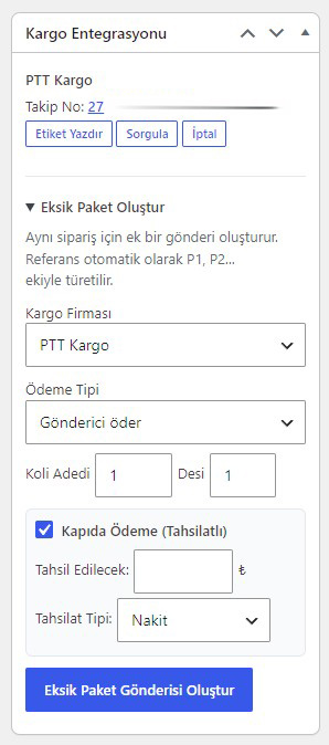 Sipariş ekranı kargo metabox'ı